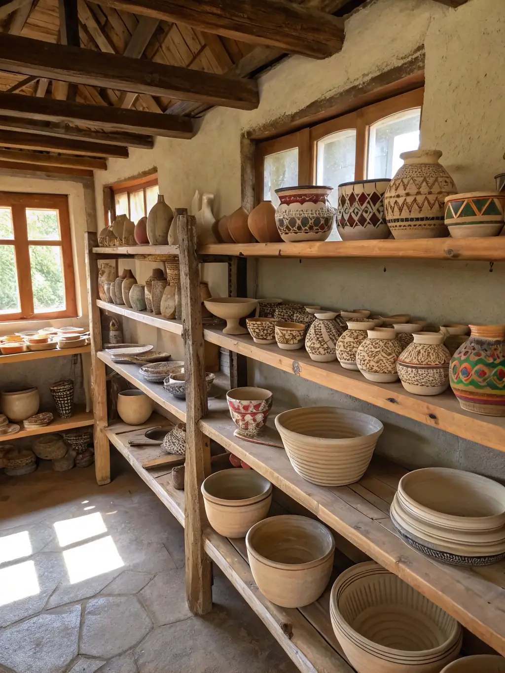 A collection of Niscala Garden's featured products, including a ceramic vase, woven basket, and wooden artifact, arranged harmoniously on a rustic wooden shelf with soft, natural lighting.