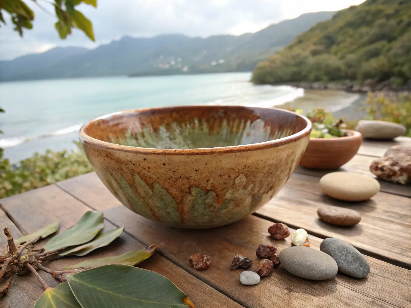A close-up shot of a natural wood artifact, such as a carved bowl or tray, emphasizing the organic textures and craftsmanship. The artifact is placed on a rustic wooden table, surrounded by other natural elements.
