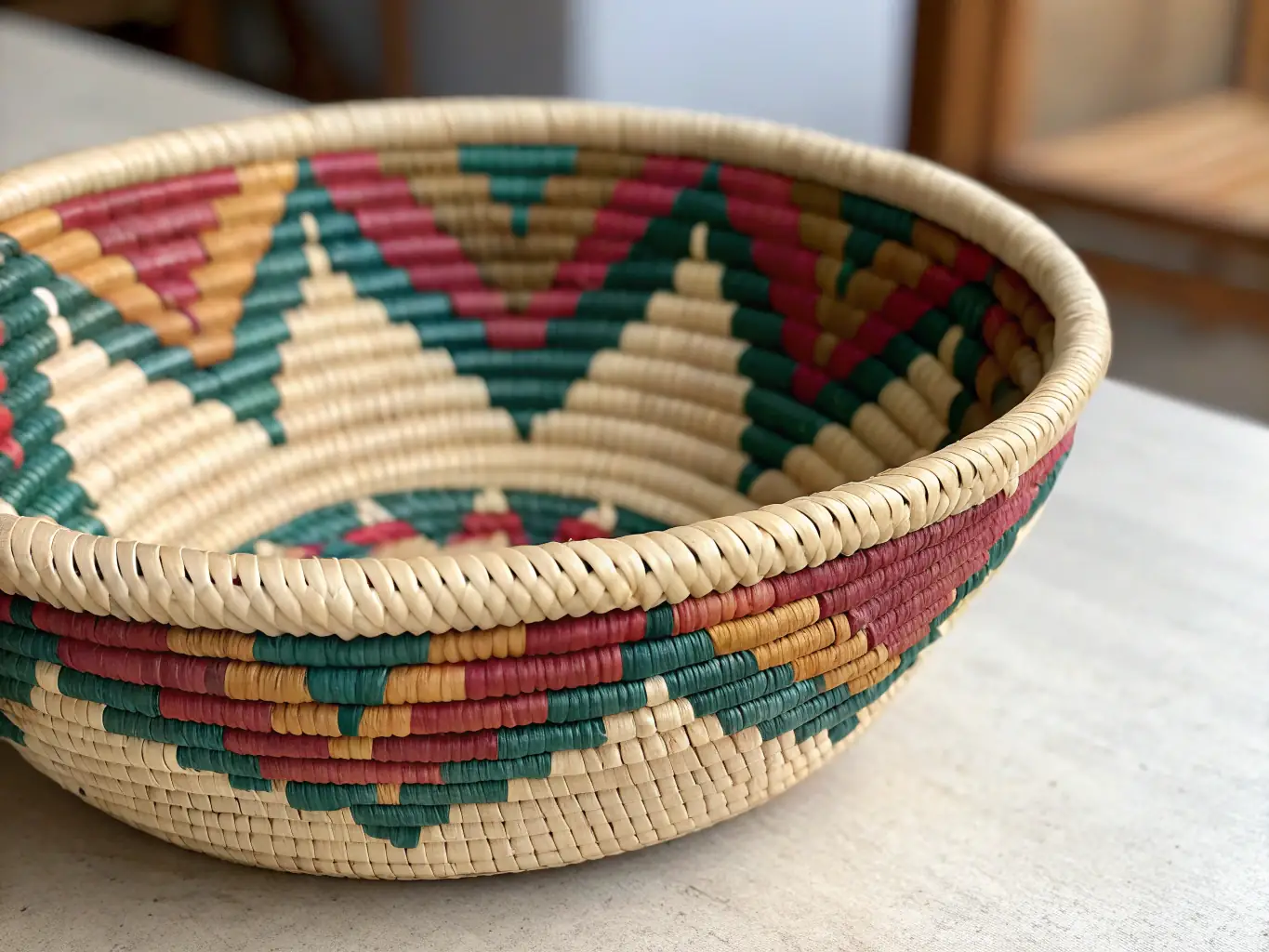 A detailed image of an artisan woven basket, highlighting the intricate weaving patterns and natural fibers used. The basket is displayed in a cozy, well-decorated living room setting, showcasing its functionality and aesthetic appeal.